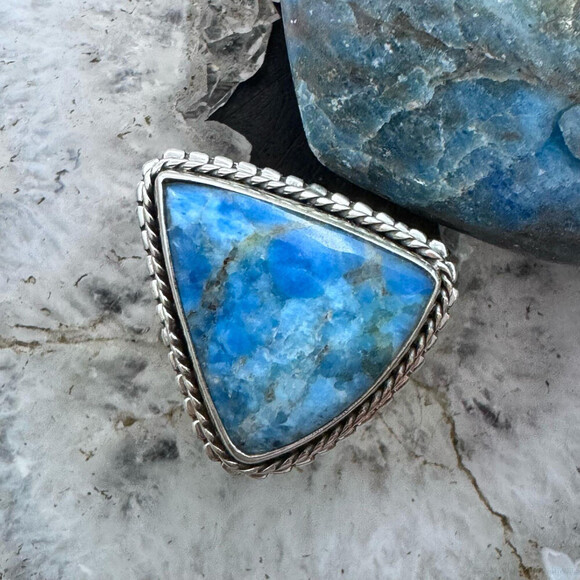 Sterling Silver Southwestern Style Triangle Blue Apatite Ring Size 8.5 For Women